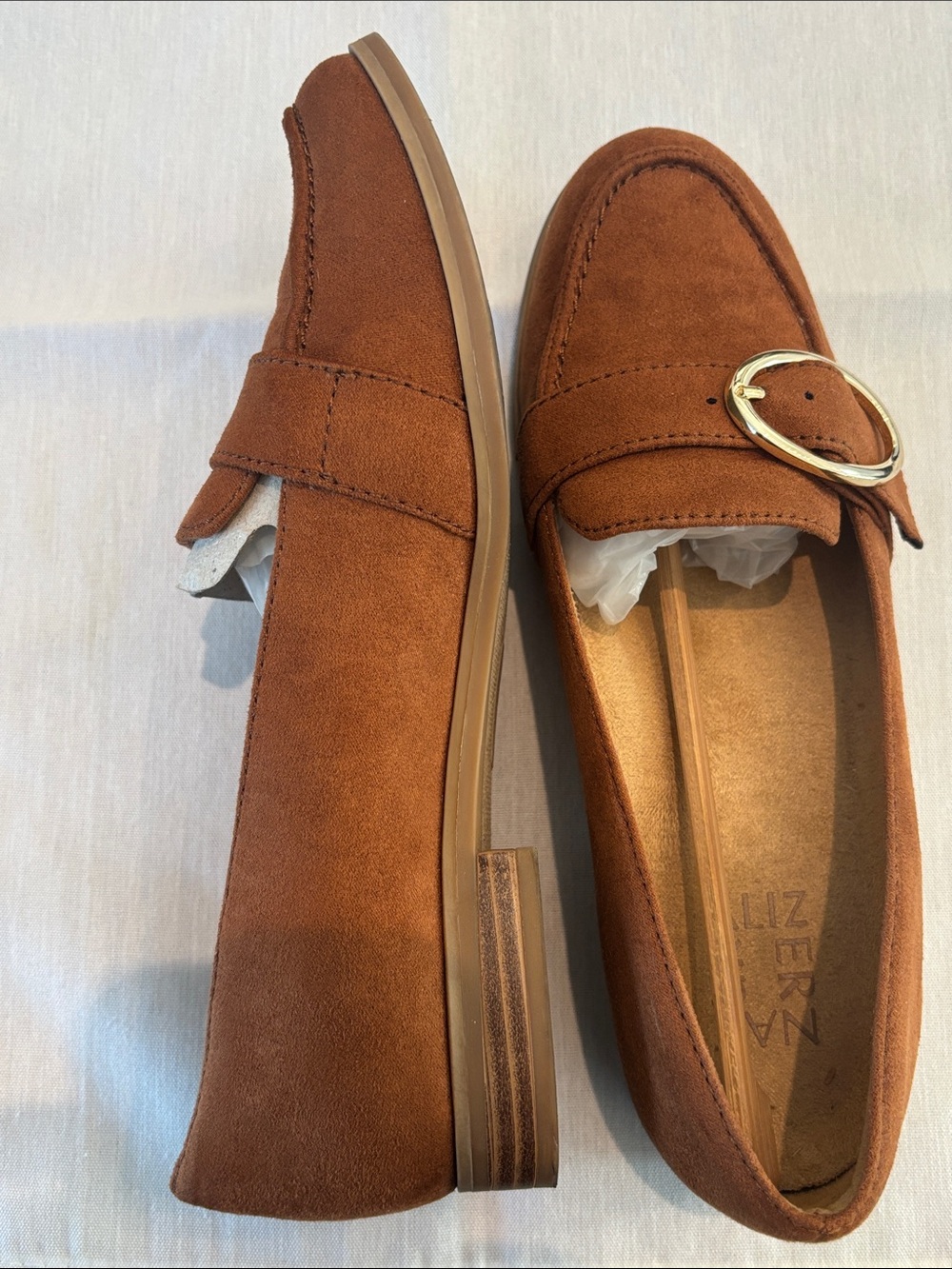 Naturalizer Women's Suede Loafers in Cognac Brown with Gold Buckle